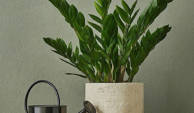 ZZ plant with a metal watering can