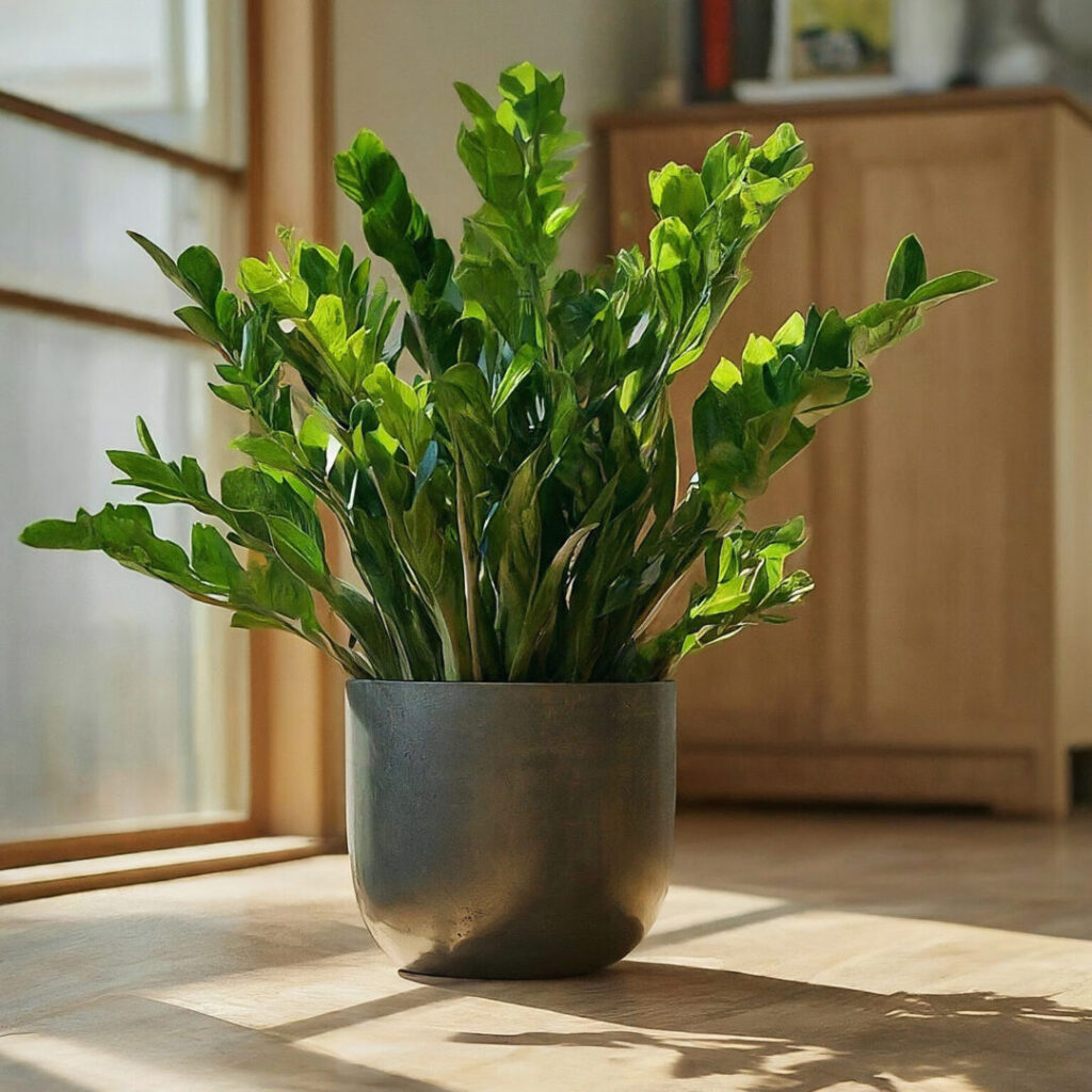 ZZ plant on the floor in a minimal room