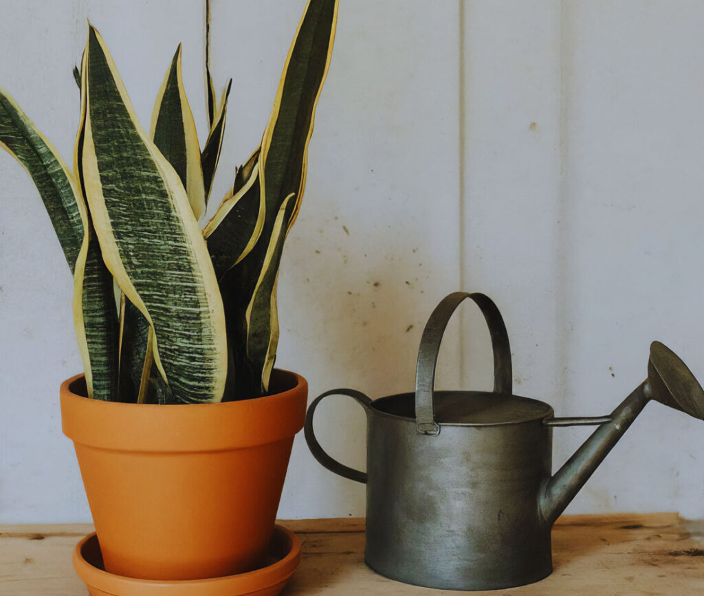 Snake plant in pot with a black watering can beside it