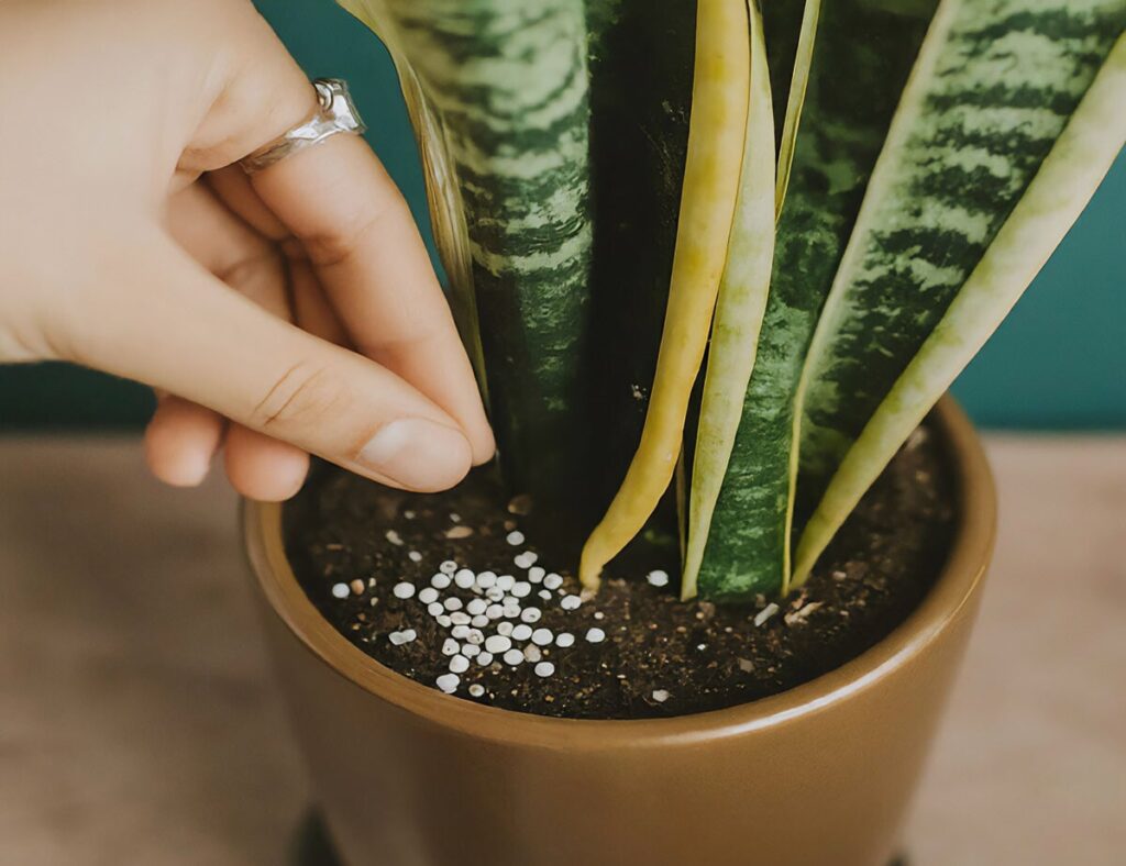 Close-up of hands sprinkling fertilizer onto the soil of a thriving snake plant
