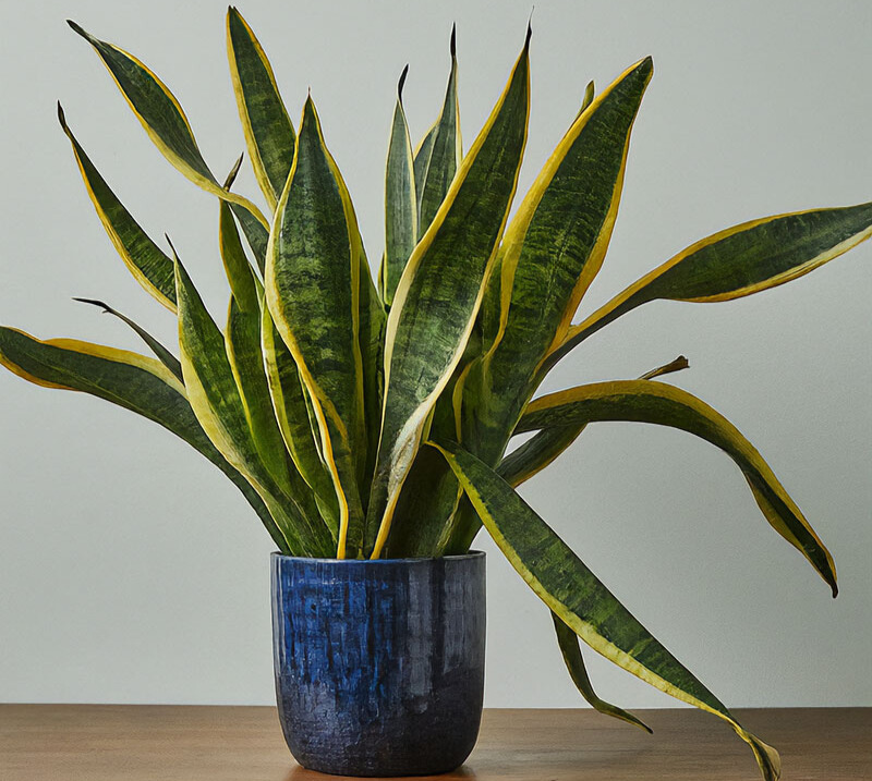 Snake plant with droopy leaves in a blue pot on a wooden table