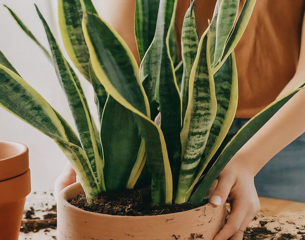 A woman carefully repotting a snake plant in a new ceramic pot