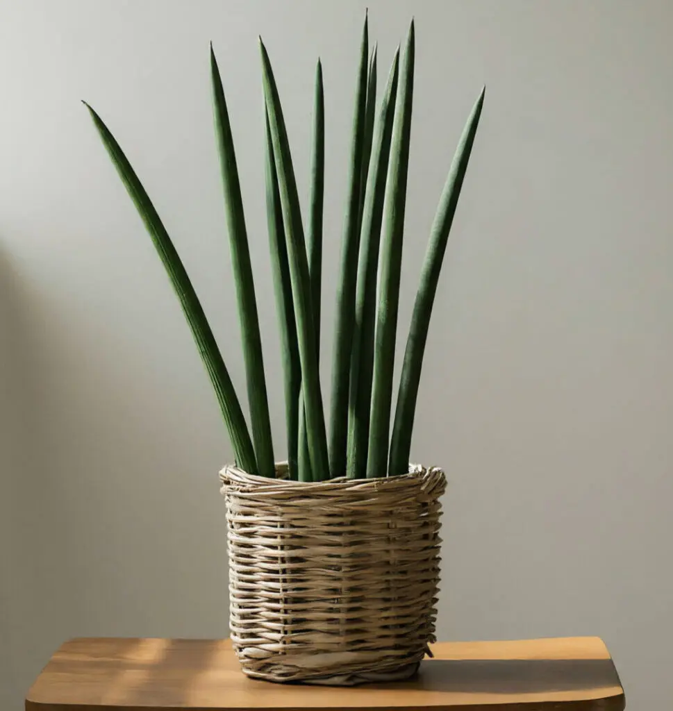 Cylindrical snake plant on a modern wooden side table