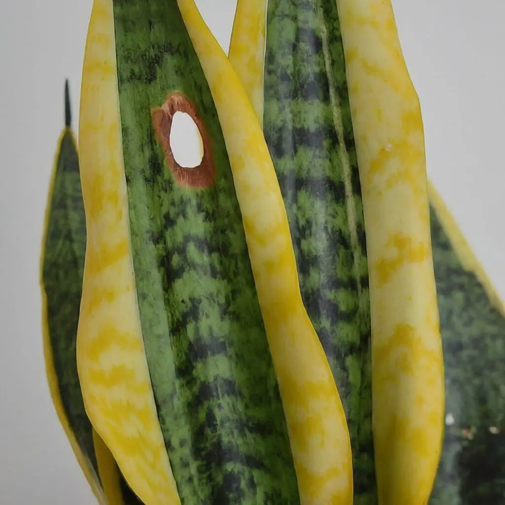 Sansevieria plant with a visible hole in one of its leaves