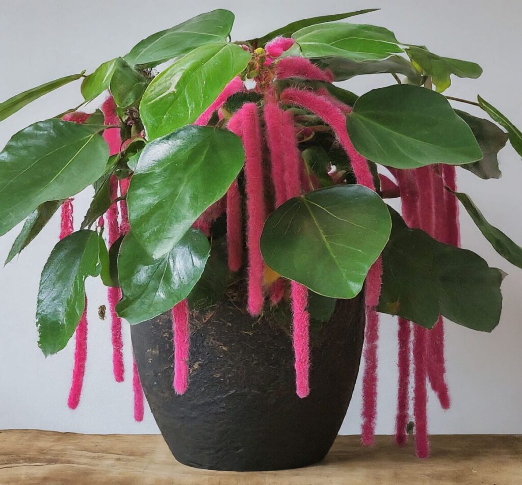 Chenille plant with red fluffy flowers on a wooden surface