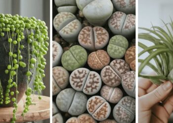 From left to right: a string of pearls, many living stones, and an air plant