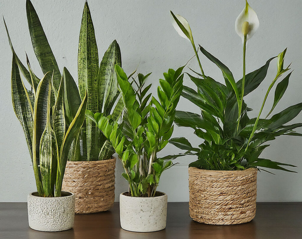 Multiple common houseplants on a table, including two snake plants, a ZZ plant, and a peace lily