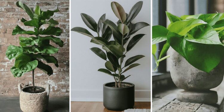 Left to right: Ficus elastica, pothos, and fiddle leaf fig, three plants good for health