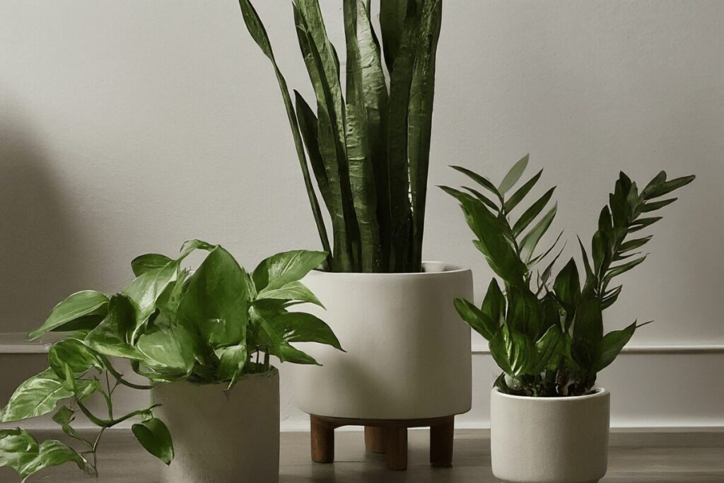 Pothos, ZZ plant, and snake plant in white pots on wooden floor