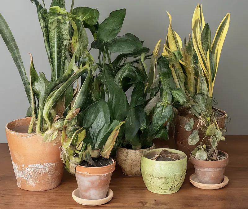 Many houseplants on the desk are in poor health because of incorrect soil pH range