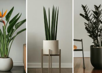 From left to right: bird of paradise, sansevieria cylindrica, black or raven ZZ plant
