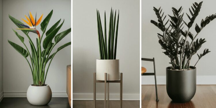 From left to right: bird of paradise, sansevieria cylindrica, black or raven ZZ plant
