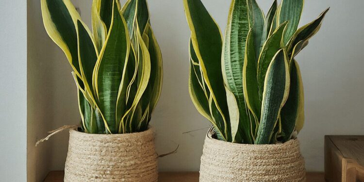 Two Sansevieria trifasciata Laurentii snake plants beautifying a small, warm space