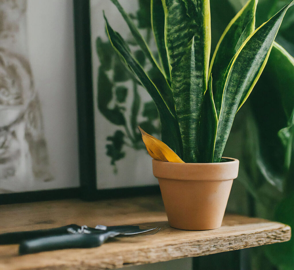 Garden scissors and snake plant with a pruned yellow leaf