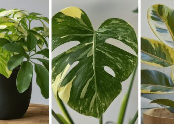 From left to right: variegated umbrella plant, variegated Monstera deliciosa, and variegated rubber plant (Ficus elastica)