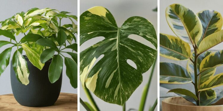 From left to right: variegated umbrella plant, variegated Monstera deliciosa, and variegated rubber plant (Ficus elastica)