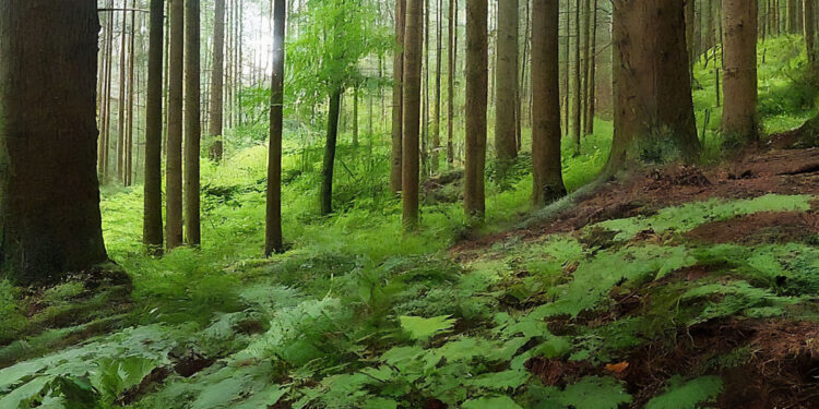 Dense green forest with tall trees and sunlight filtering through the leaves