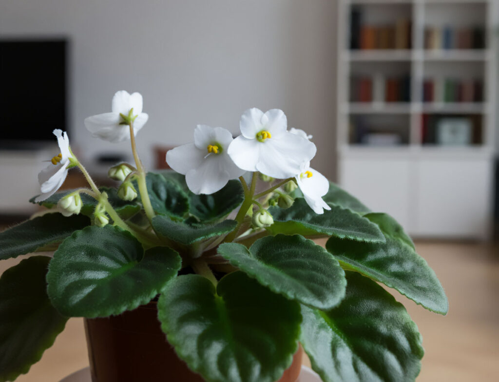 African violet in the living room, with a bookshelf and a TV behind it