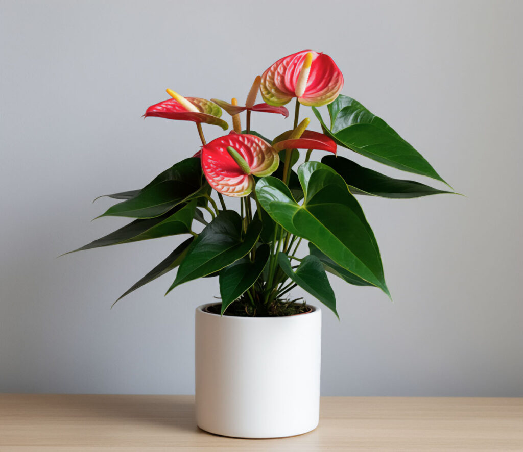 Anthurium with vibrant red flowers in a white pot on a wooden table