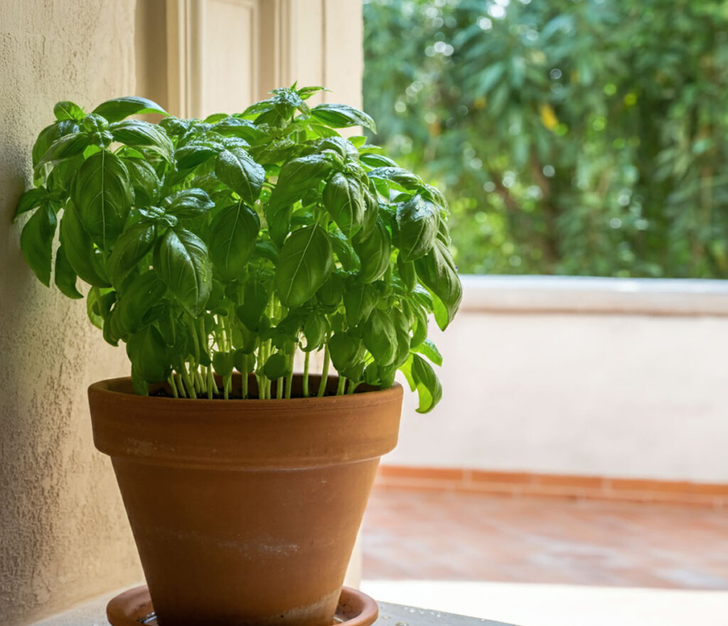 Basil plant on the front steps of a house