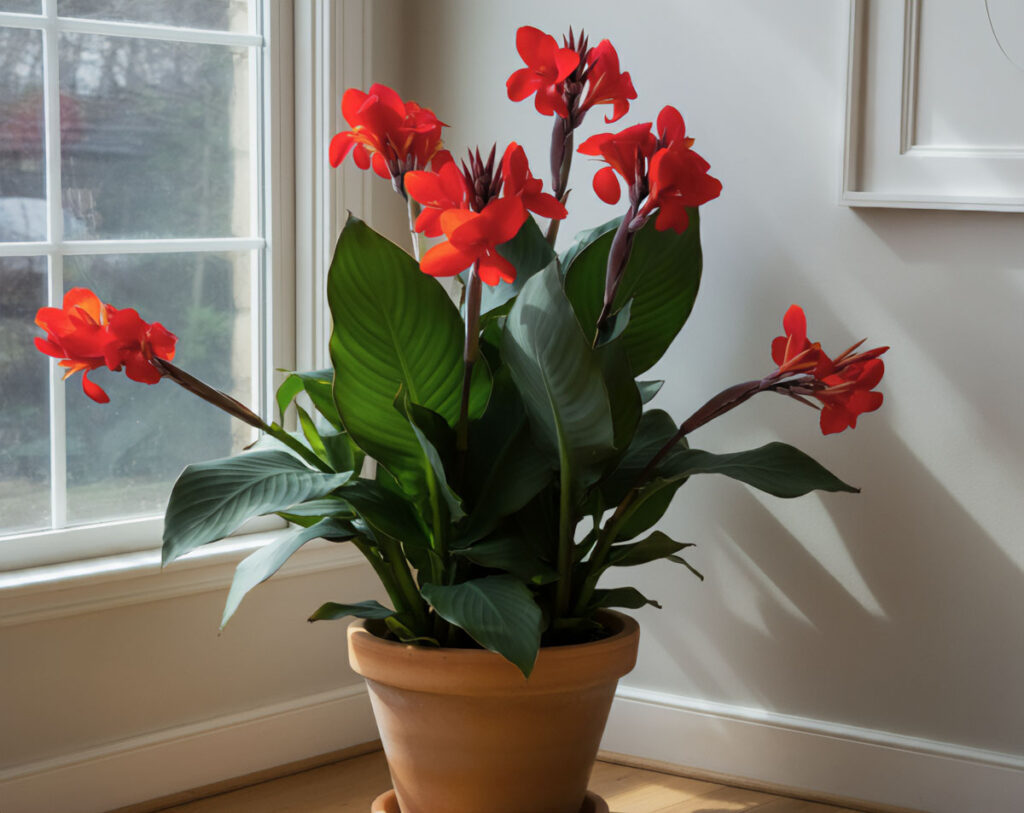 Canna lily blooming with colorful flowers near a sunny window