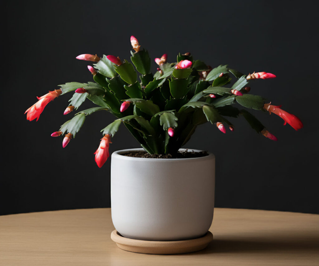 Christmas Cactus in a beige pot with blooming red-pink flowers