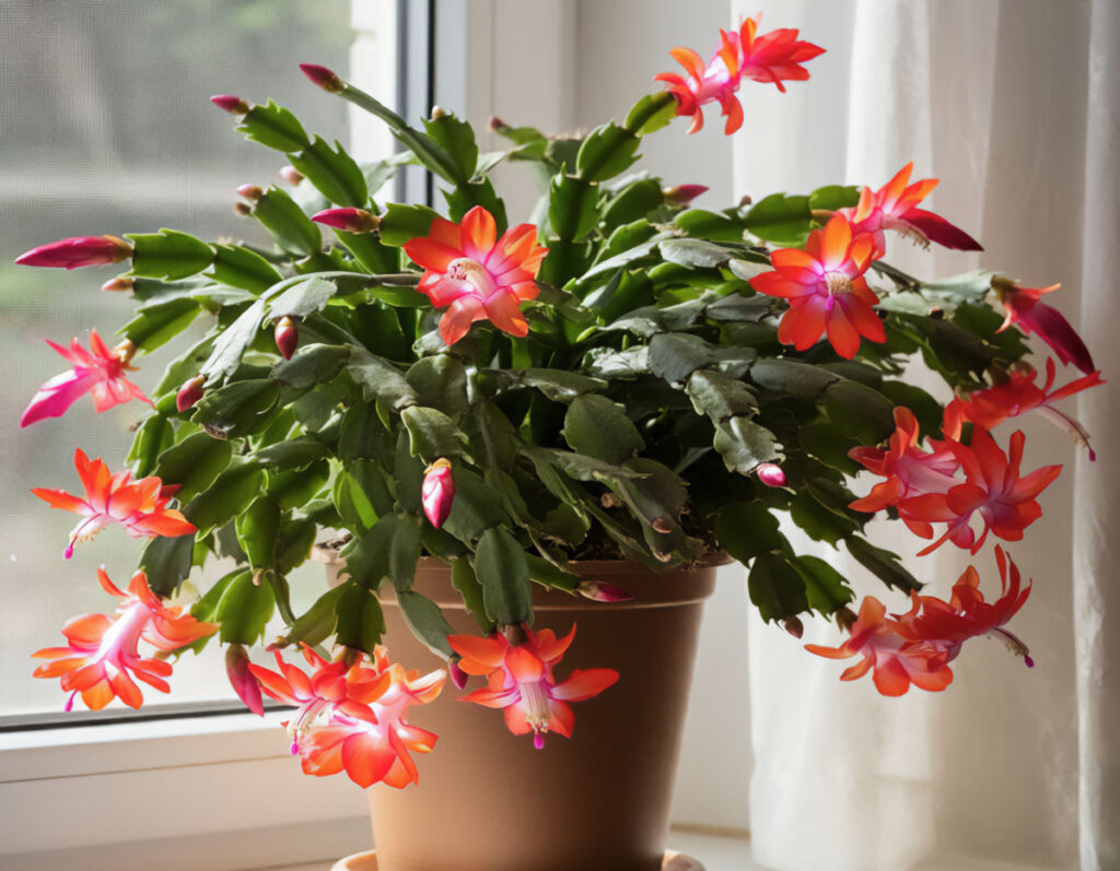 Christmas cactus with beautiful flowers beside a window