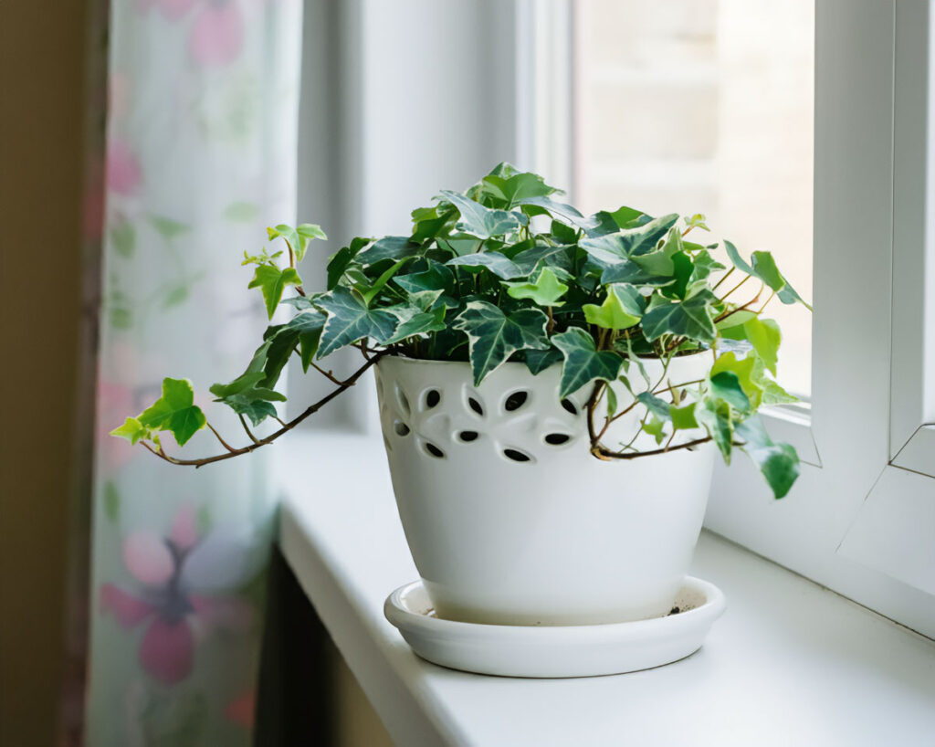 English ivy in a white pot on a window sill with floral curtains nearby