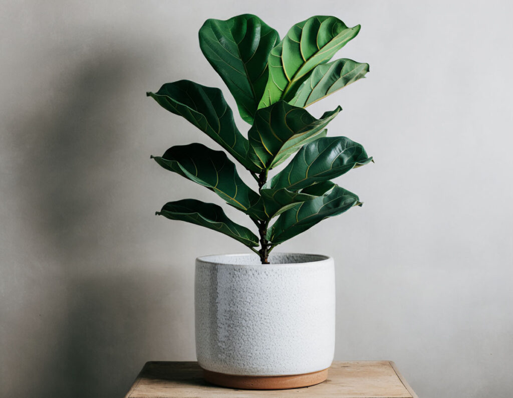 Fiddle Leaf Fig in a white pot on a wooden accent table