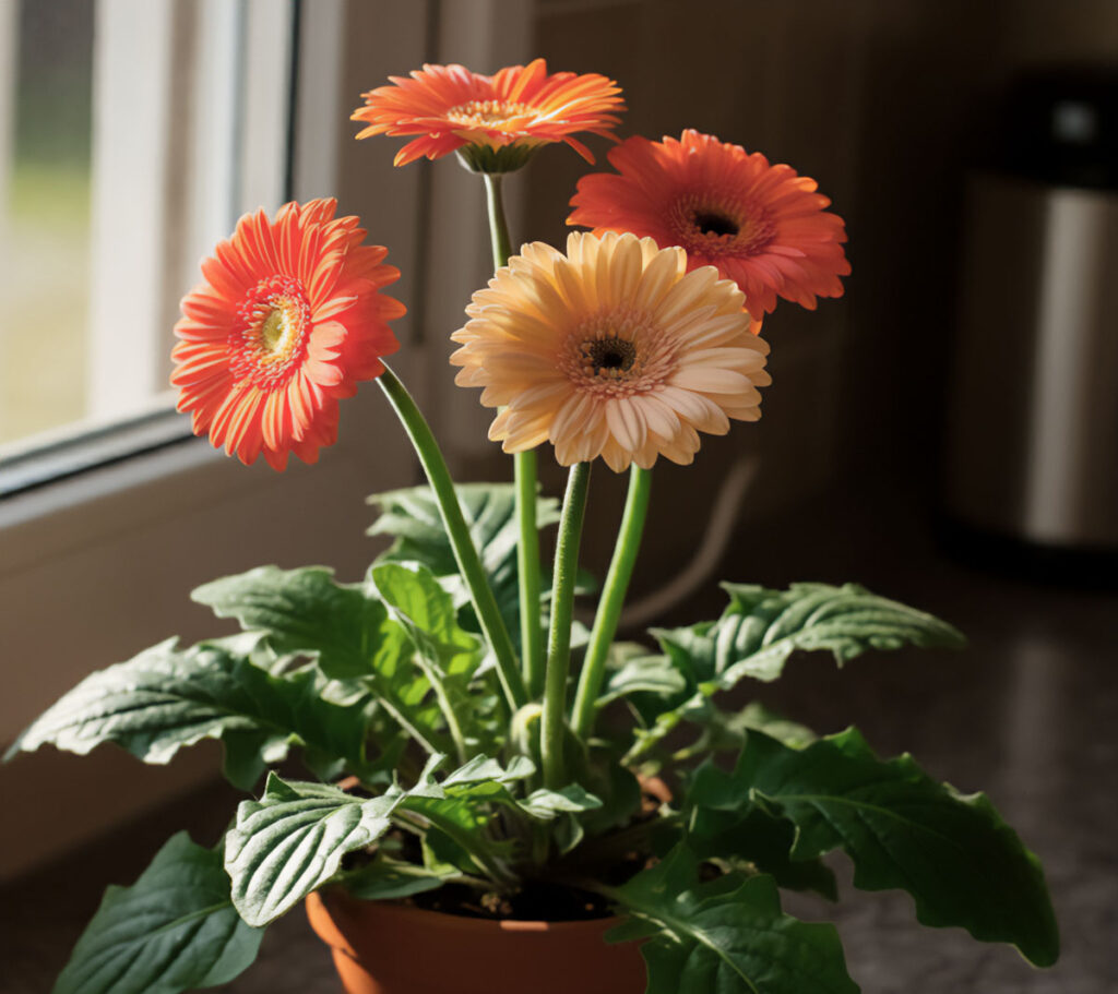 Gerbera daisies in vibrant orange and peach shades near a bright window