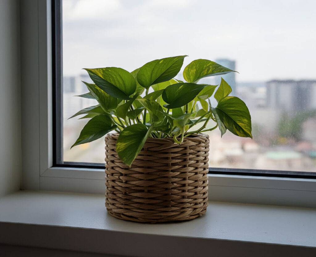 Golden pothos in a woven basket on a window sill with a cityscape view