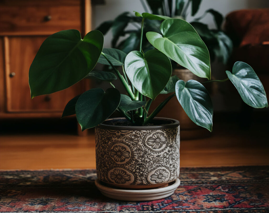 Homalomena plant placed on a rug in a living room