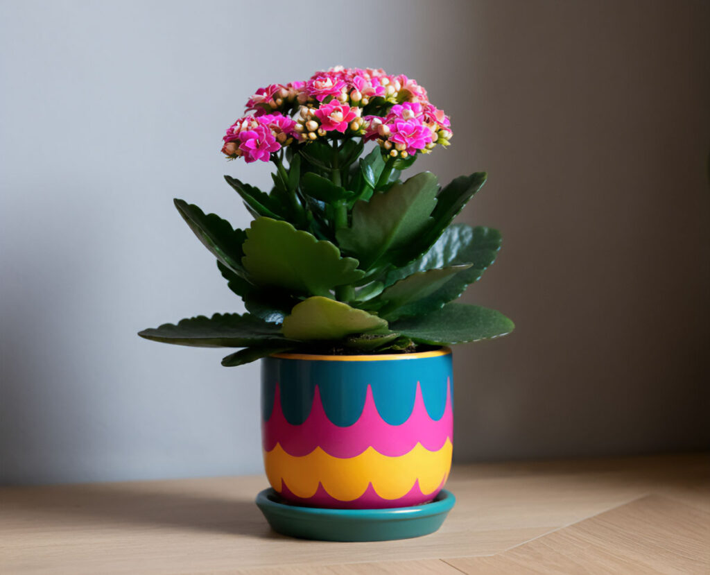 Kalanchoe in a colorful pot with pink flowers on a wooden table