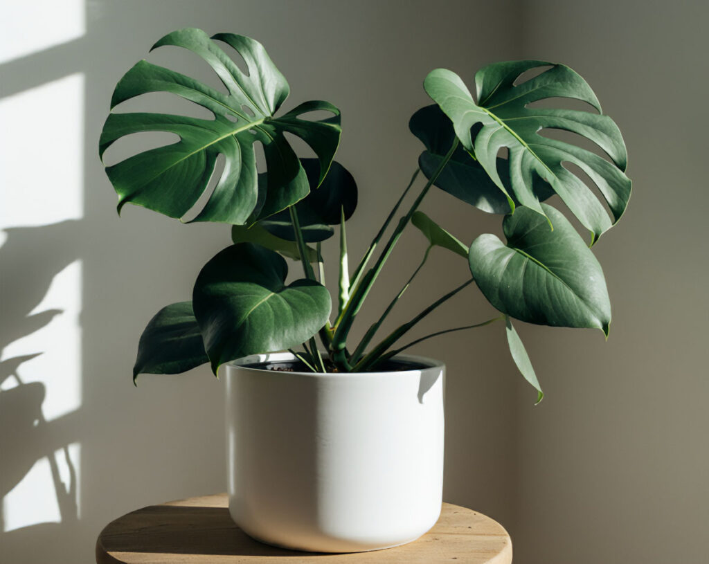 Swiss Cheese Plant in a white pot on a wooden accent table