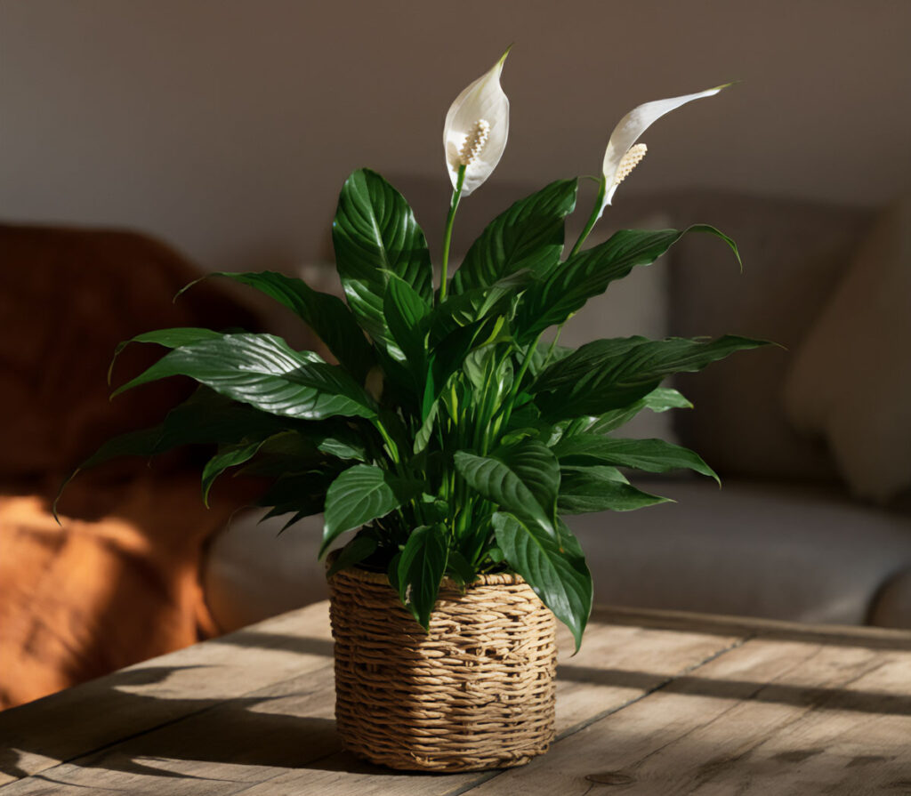 Peace Lily in a woven basket on a wooden table in a cozy living room