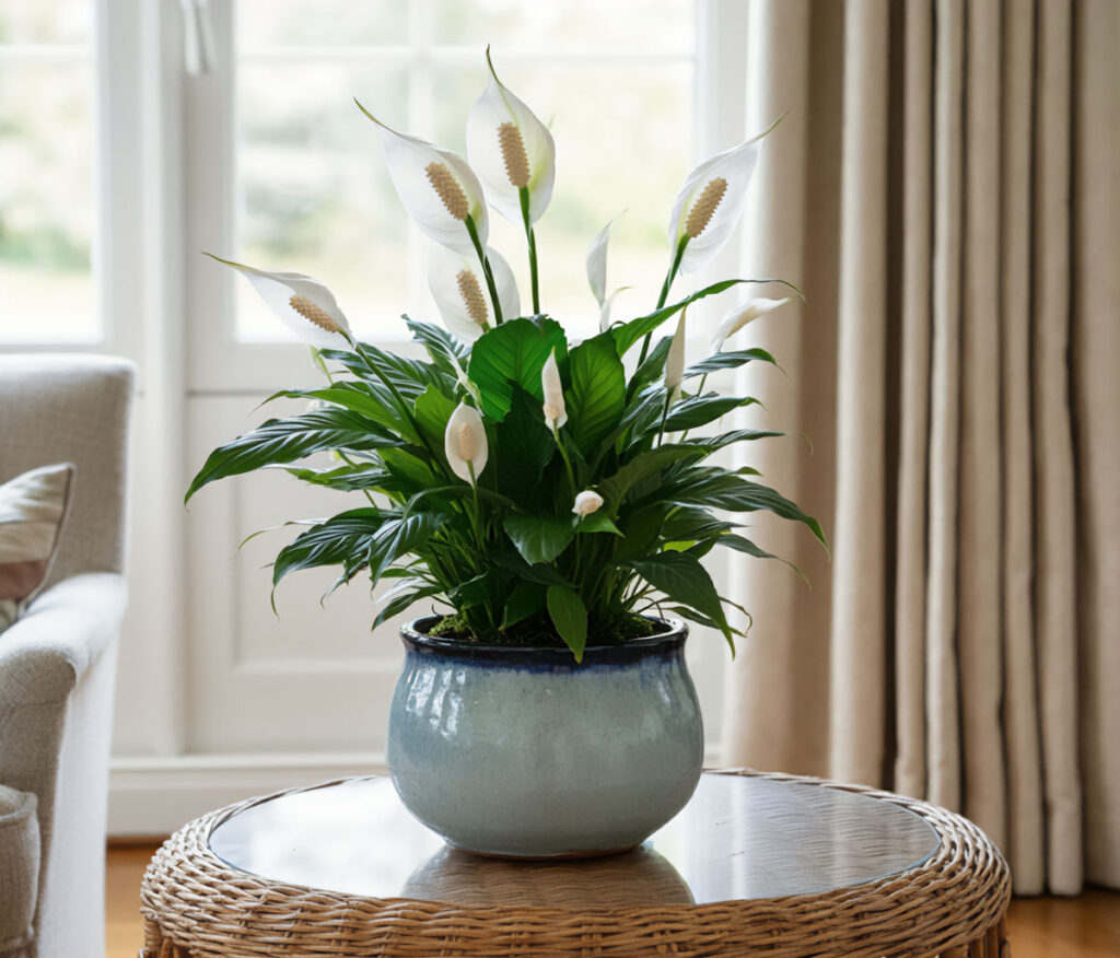 Peace lily in a blue ceramic pot on a wicker table near large windows