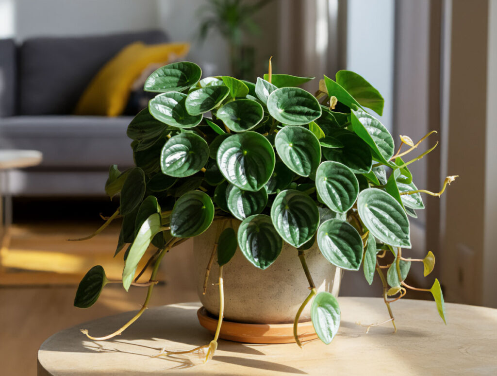 Peperomia plant on a table in a living room with a sofa behind it