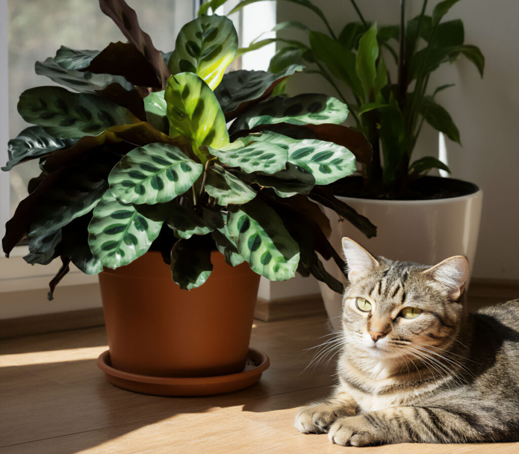 Prayer plant with a cat sitting beside it and another plant in the background