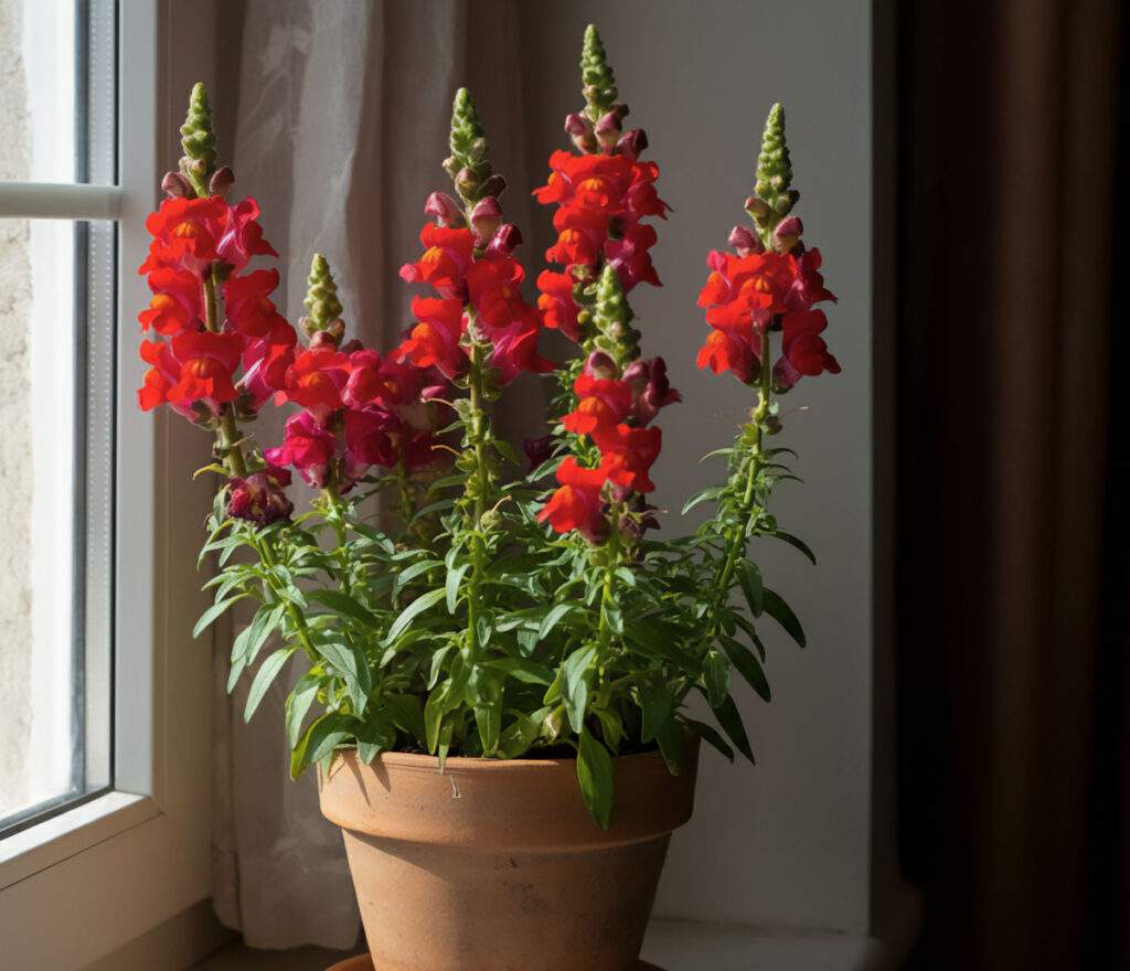 Snapdragon with red flowers beside a window