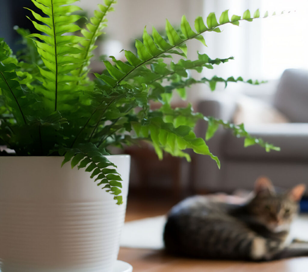 Boston fern on the floor in a living room with a cat sitting behind it