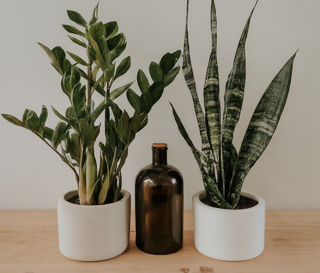 ZZ plant and snake plant on a table with a bottle of liquid fertilizer between them