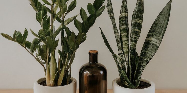 ZZ plant and snake plant on a table with a bottle of liquid fertilizer between them