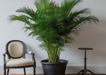 Large Kentia palm placed between a chair and a stool