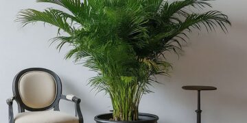 Large Kentia palm placed between a chair and a stool