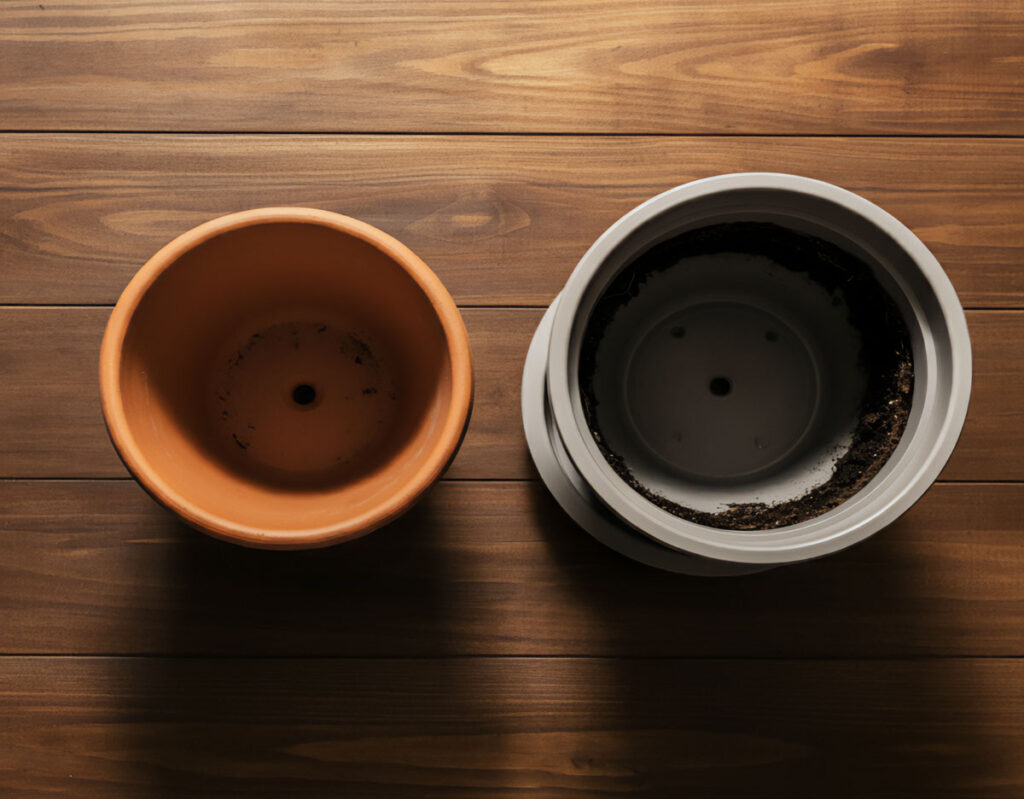 Top view of two empty plant pots, one clay and one plastic, on wooden surface