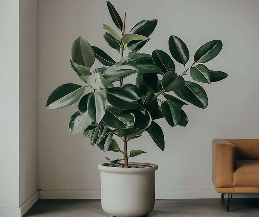 Big rubber plant near a sofa in the living room