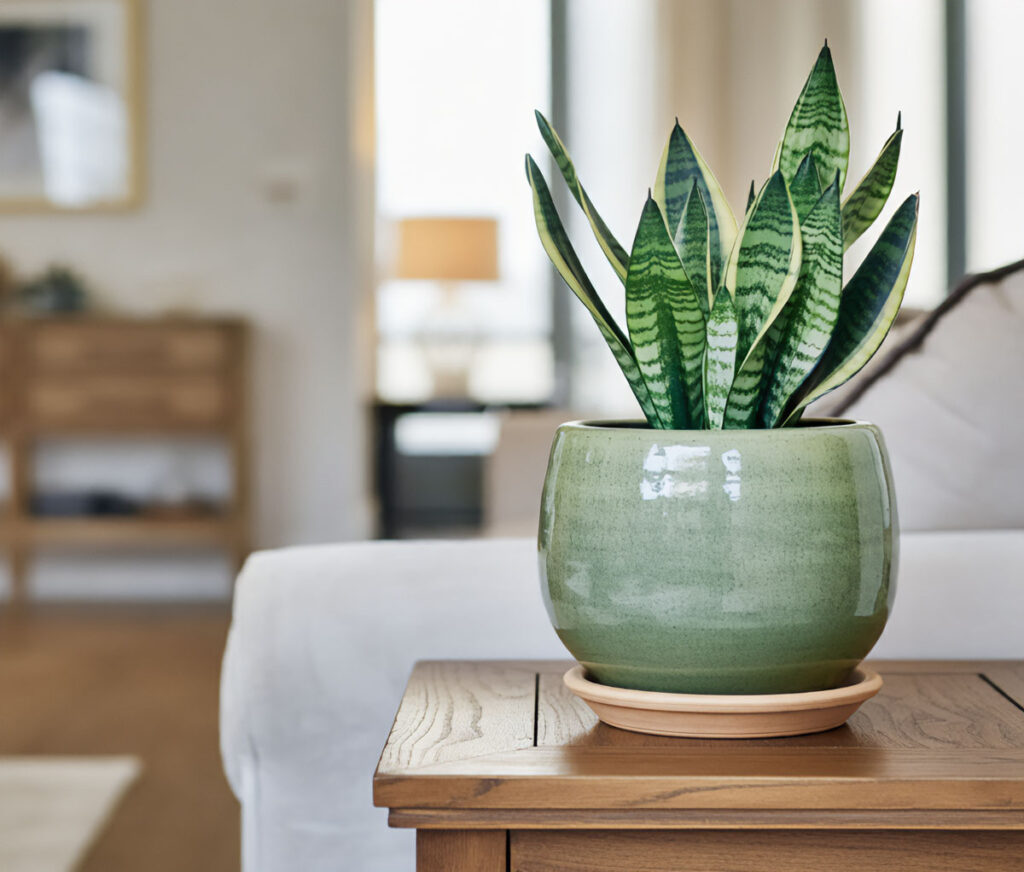 Snake plant in a green ceramic pot on a wooden table in a bright living room