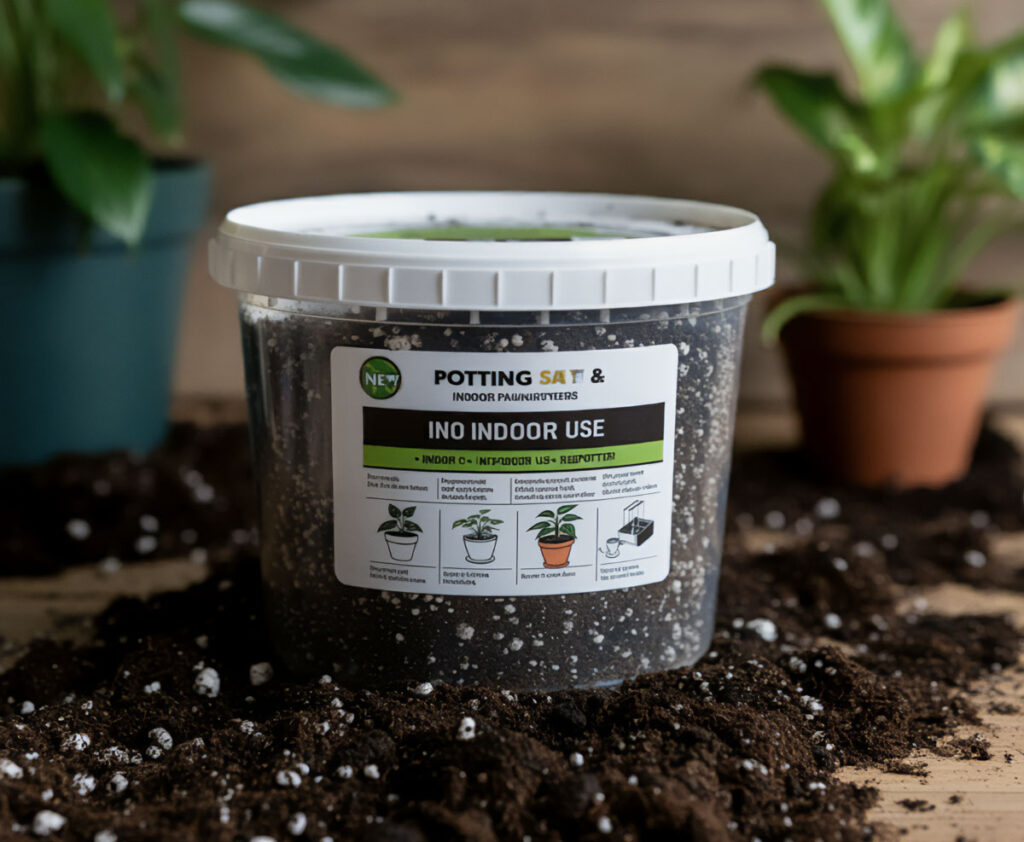 Container of indoor potting soil on a wooden surface with spilled soil around