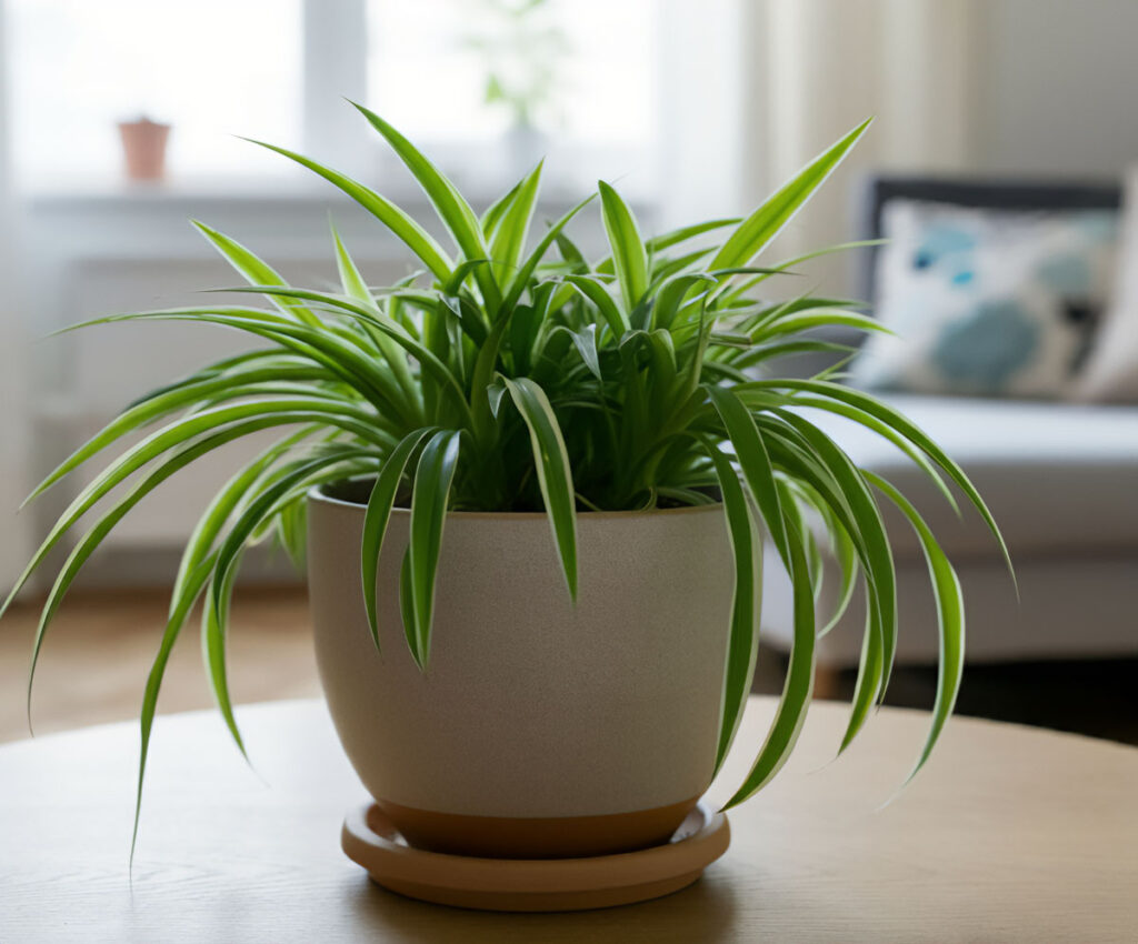 Spider plant on a wooden table in a room