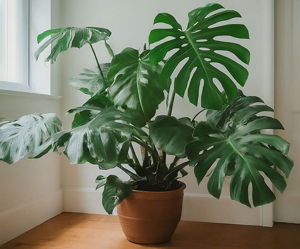 Swiss cheese plant in the corner of an office